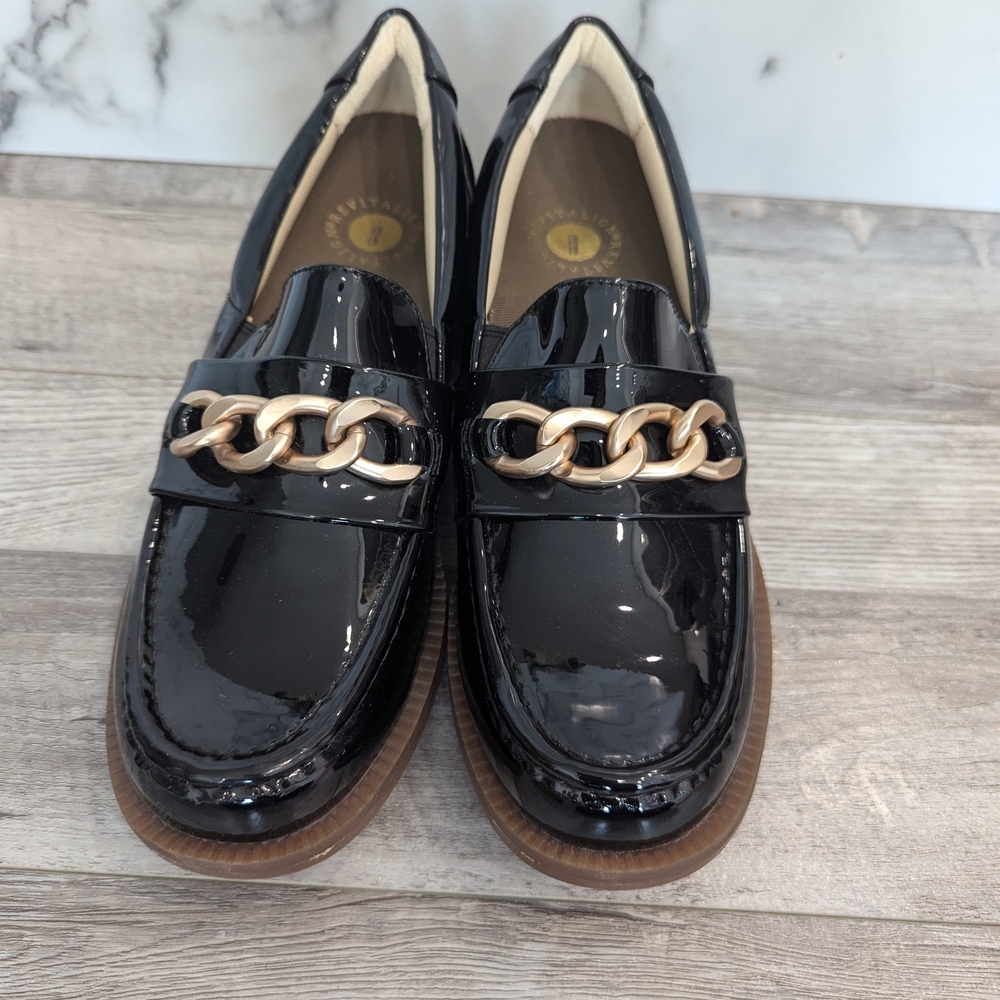 REVITALIGN Black Patent Loafers with Gold Chain